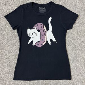 Choke Shirt Co Shirt Womens Large Black Cat Donut Graphic Tee Slim Fit Cute